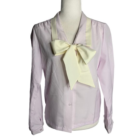 Jonathan Logan Tops - Vintage Button Up Secretary Blouse M Lilac Purple Pussy Bow Long Sleeve Collar